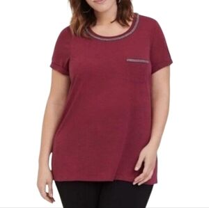 Torrid Burgundy‎ Rhinestone Embellished Pocket Slub Knit Tee Top Shirt Size 3 3X